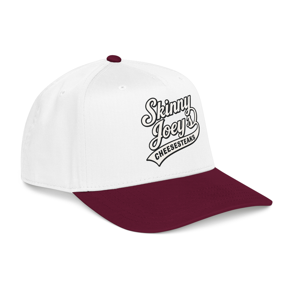 White and maroon cap with 'Skinny Joey's Cheesesteaks' text on a white background