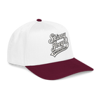 White and maroon cap with 'Skinny Joey's Cheesesteaks' text on a white background