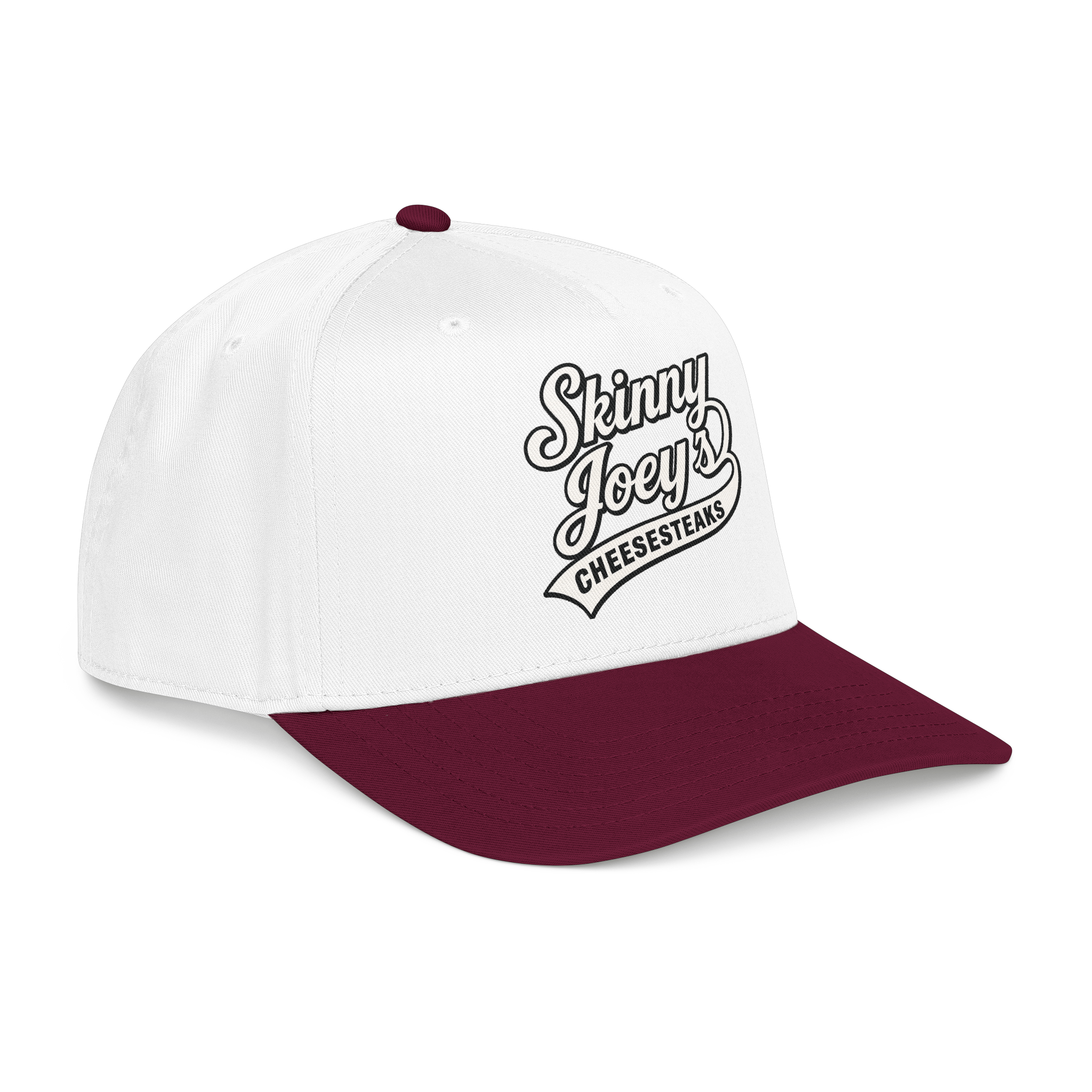 White and maroon cap with 'Skinny Joey's Cheesesteaks' text on a white background