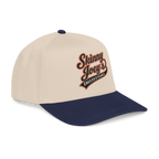 Beige and navy cap with 'Skinny Joey's Cheesesteaks' logo on a white background