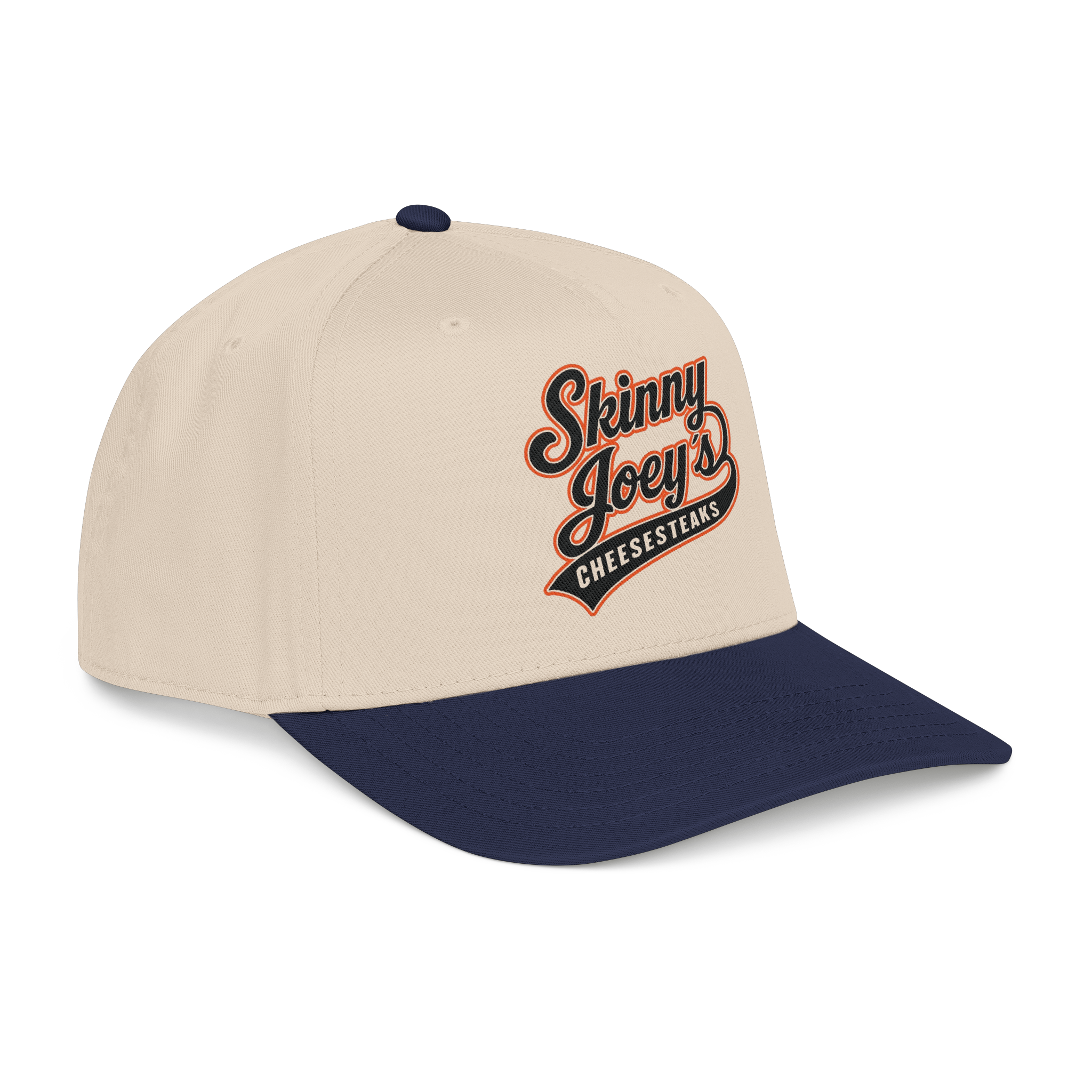 Beige and navy cap with 'Skinny Joey's Cheesesteaks' logo on a white background