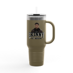 Travel mug with a handle featuring a person and text on a white background