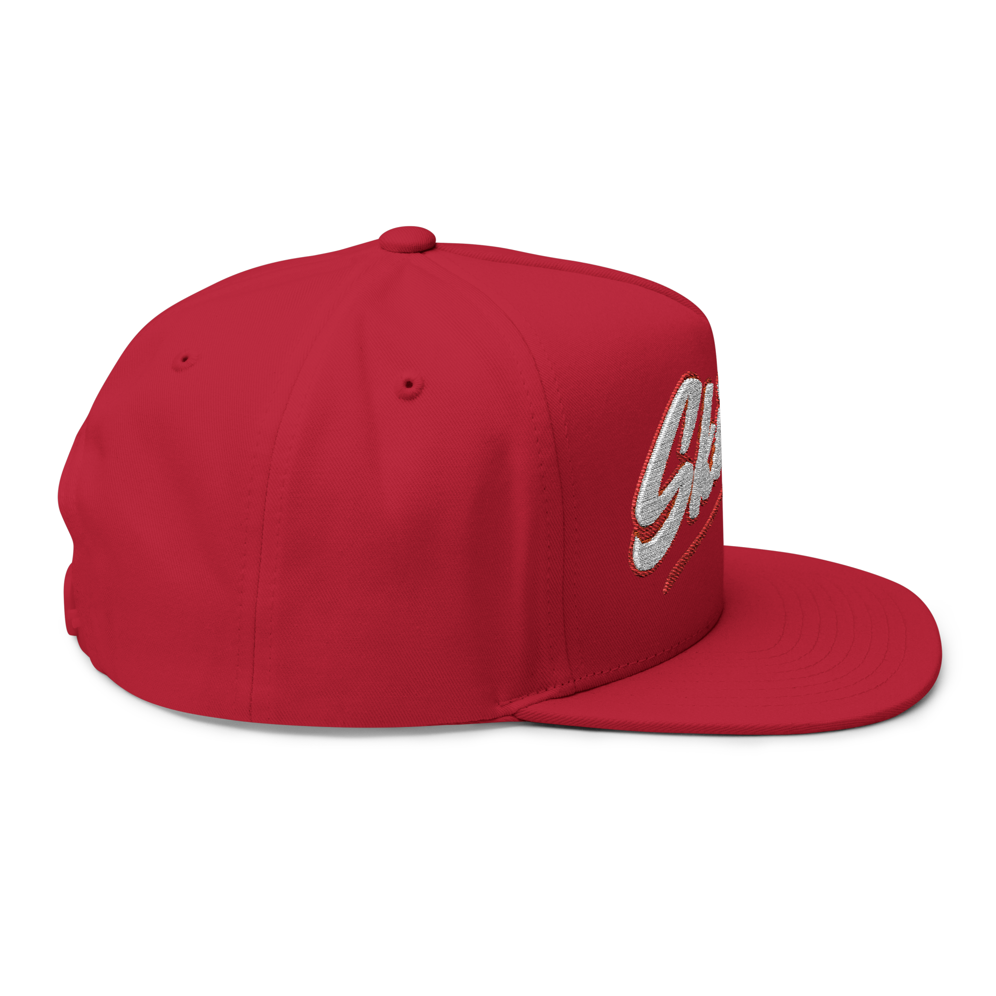 Red cap with white logo on a white background