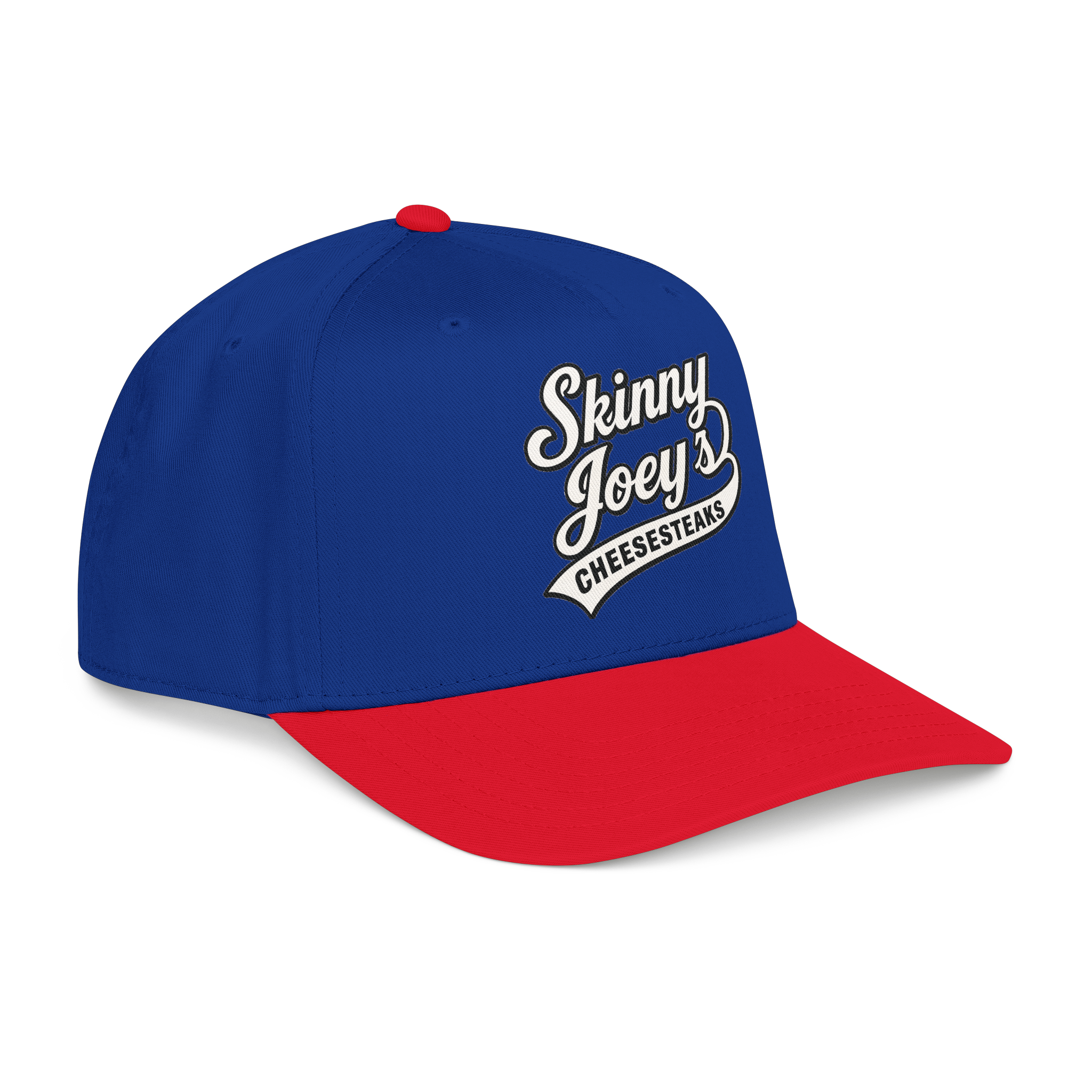 Blue and red cap with 'Skinny Joey's Cheesesteaks' logo on a white background