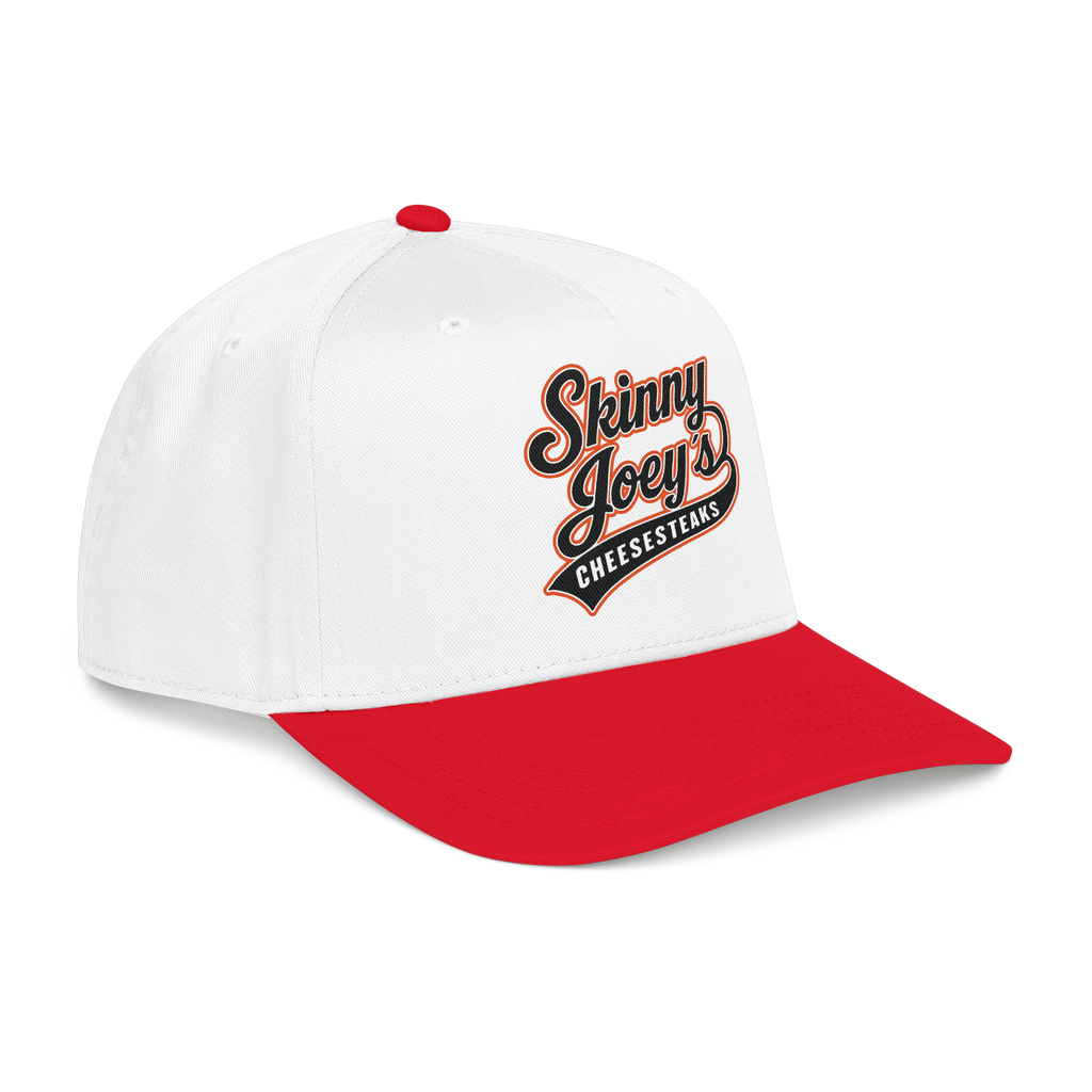 White and red cap with 'Skinny Joey's Cheesesteaks' text on a white background