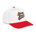 White and red cap with 'Skinny Joey's Cheesesteaks' text on a white background