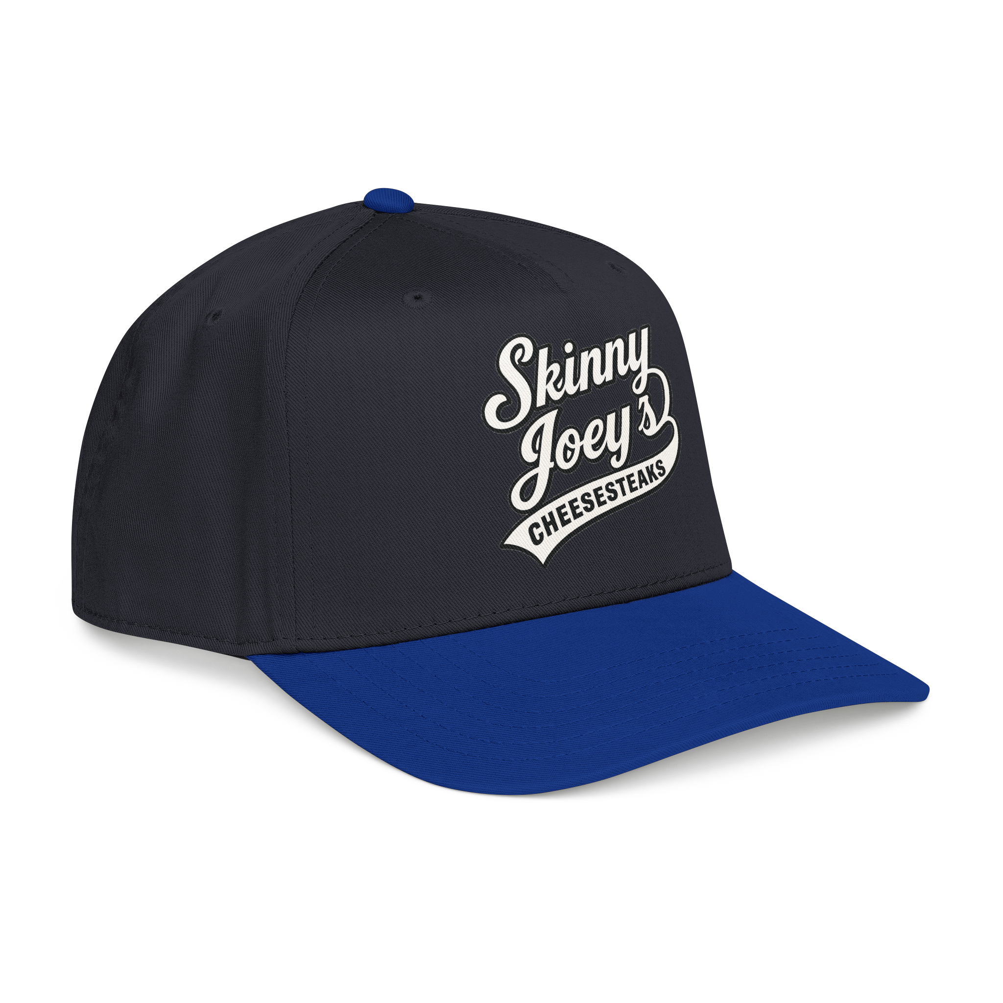 Black and blue cap with 'Skinny Joey's Cheesesteaks' text on a white background