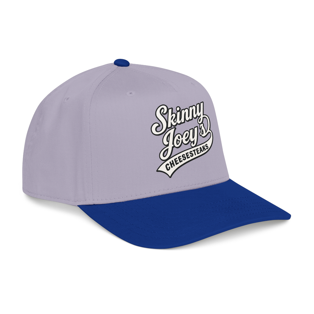Gray and blue cap with 'Skinny Joey's Cheesesteaks' text on a white background
