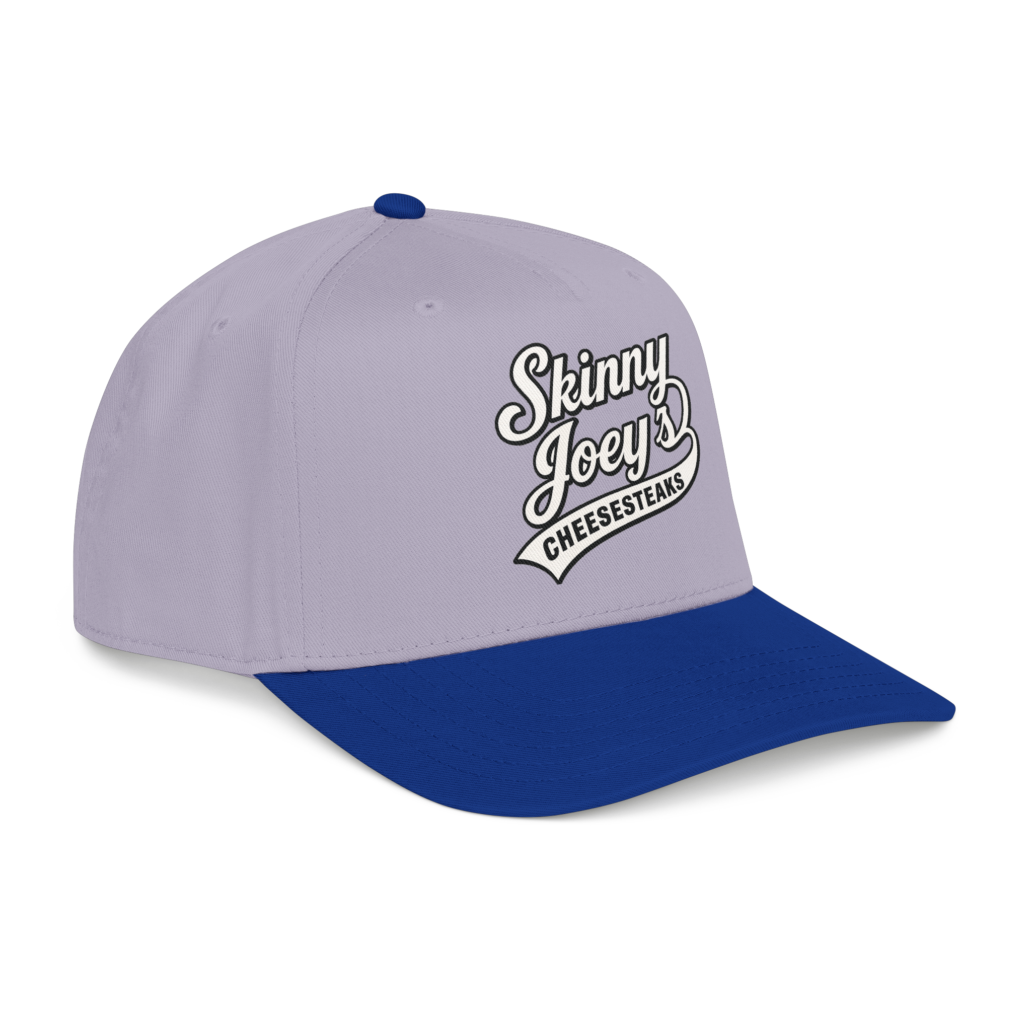 Gray and blue cap with 'Skinny Joey's Cheesesteaks' text on a white background