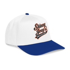 White and blue cap with 'Skinny Joey's Cheesesteaks' text on a white background