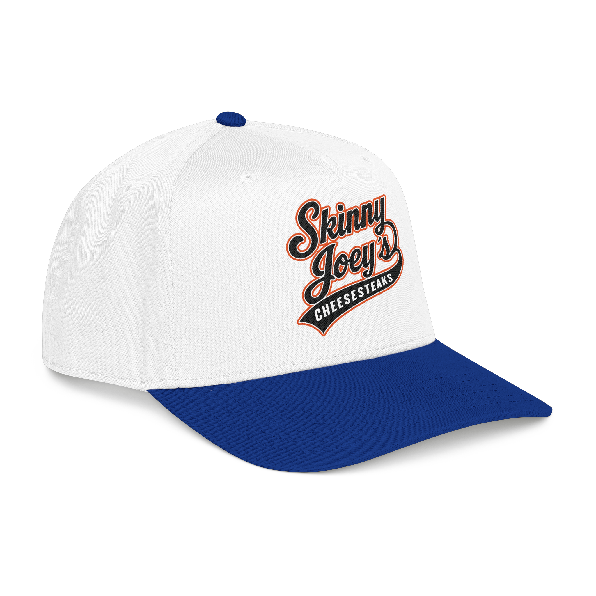 White and blue cap with 'Skinny Joey's Cheesesteaks' text on a white background