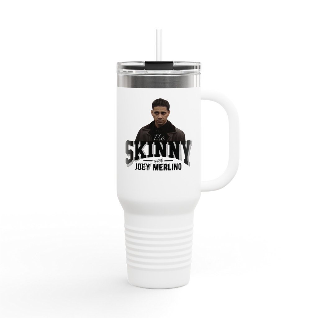 White travel mug with a handle featuring a graphic of a person and text on a white background
