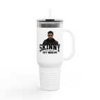 White travel mug with a handle featuring a graphic of a person and text on a white background