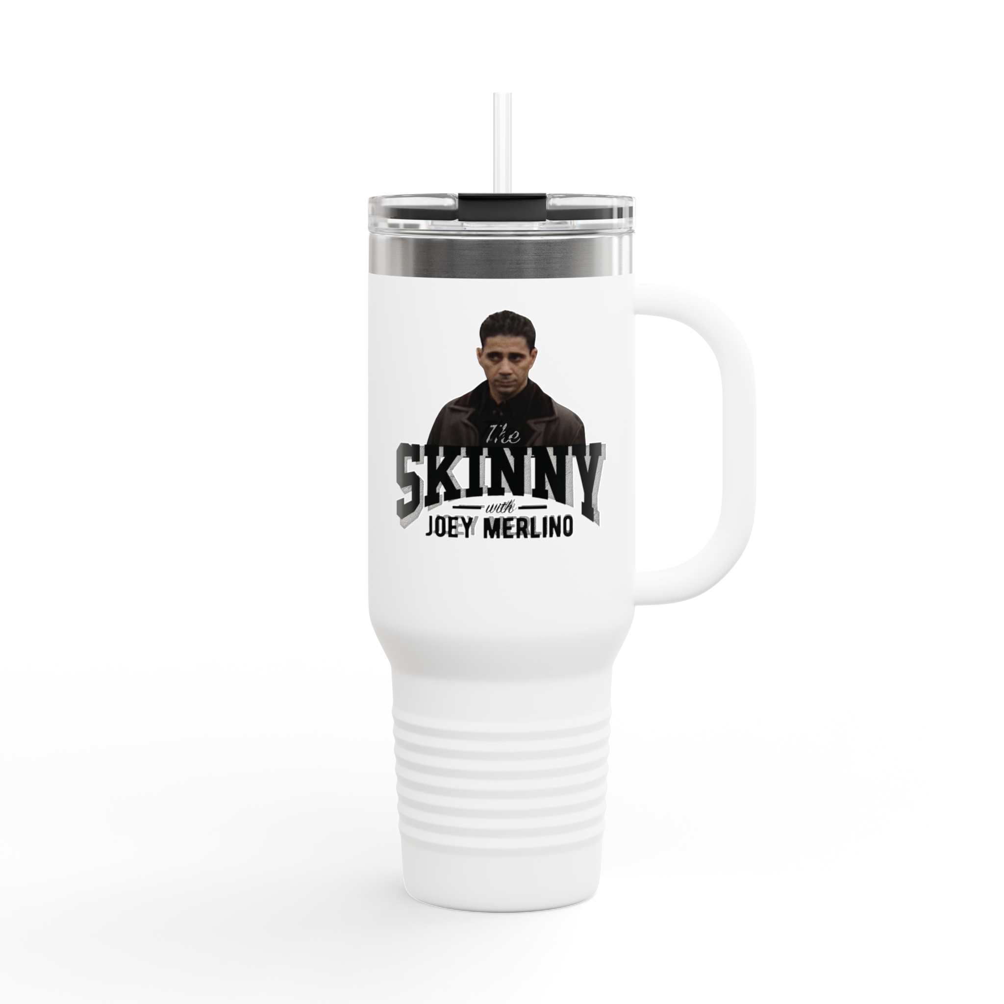 White travel mug with a handle featuring a graphic of a person and text on a white background