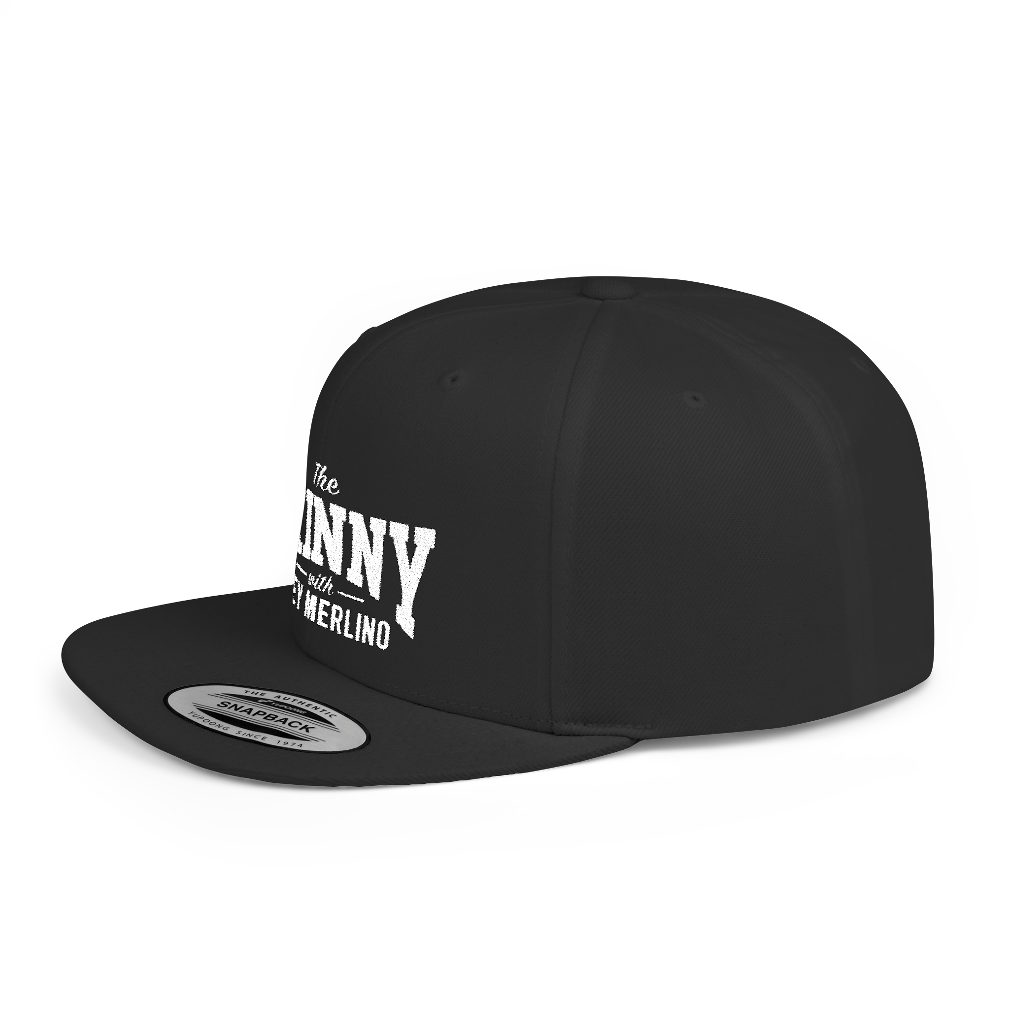Black snapback cap with white text on a white background