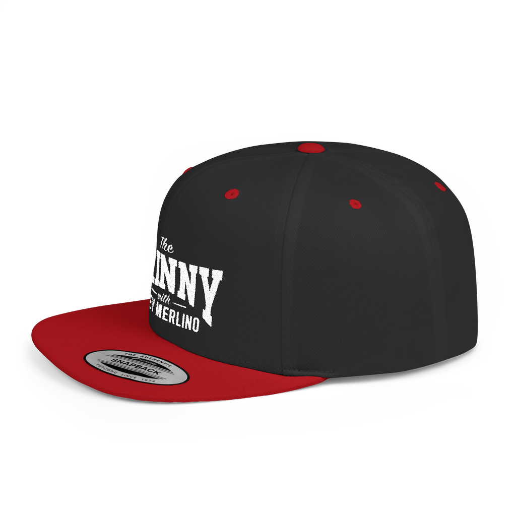Black and red cap with white text on a white background
