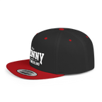 Black and red cap with white text on a white background