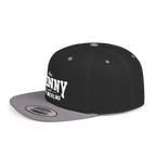 Black and gray cap with white text on a white background