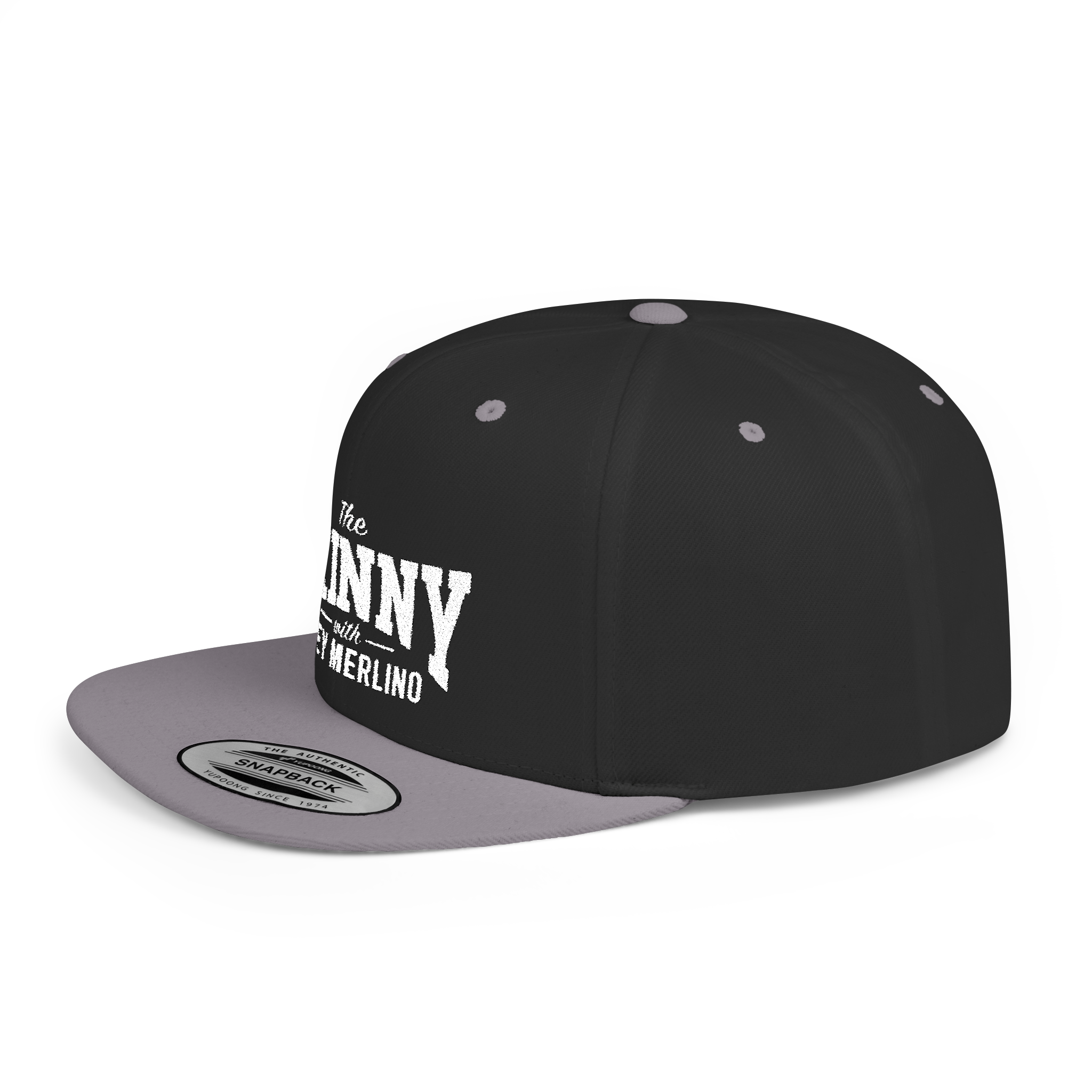 Black and gray cap with white text on a white background