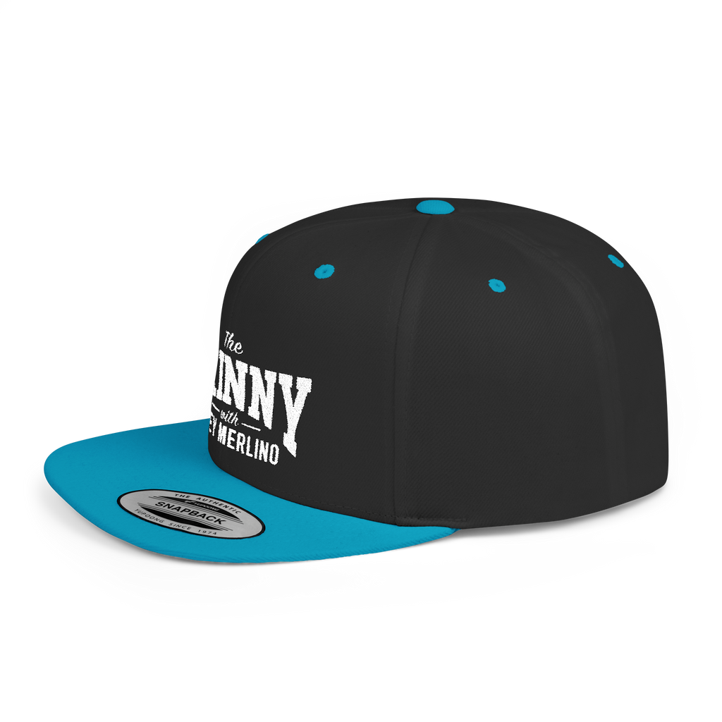 Black and blue snapback cap with branding on a white background