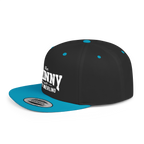 Black and blue snapback cap with branding on a white background