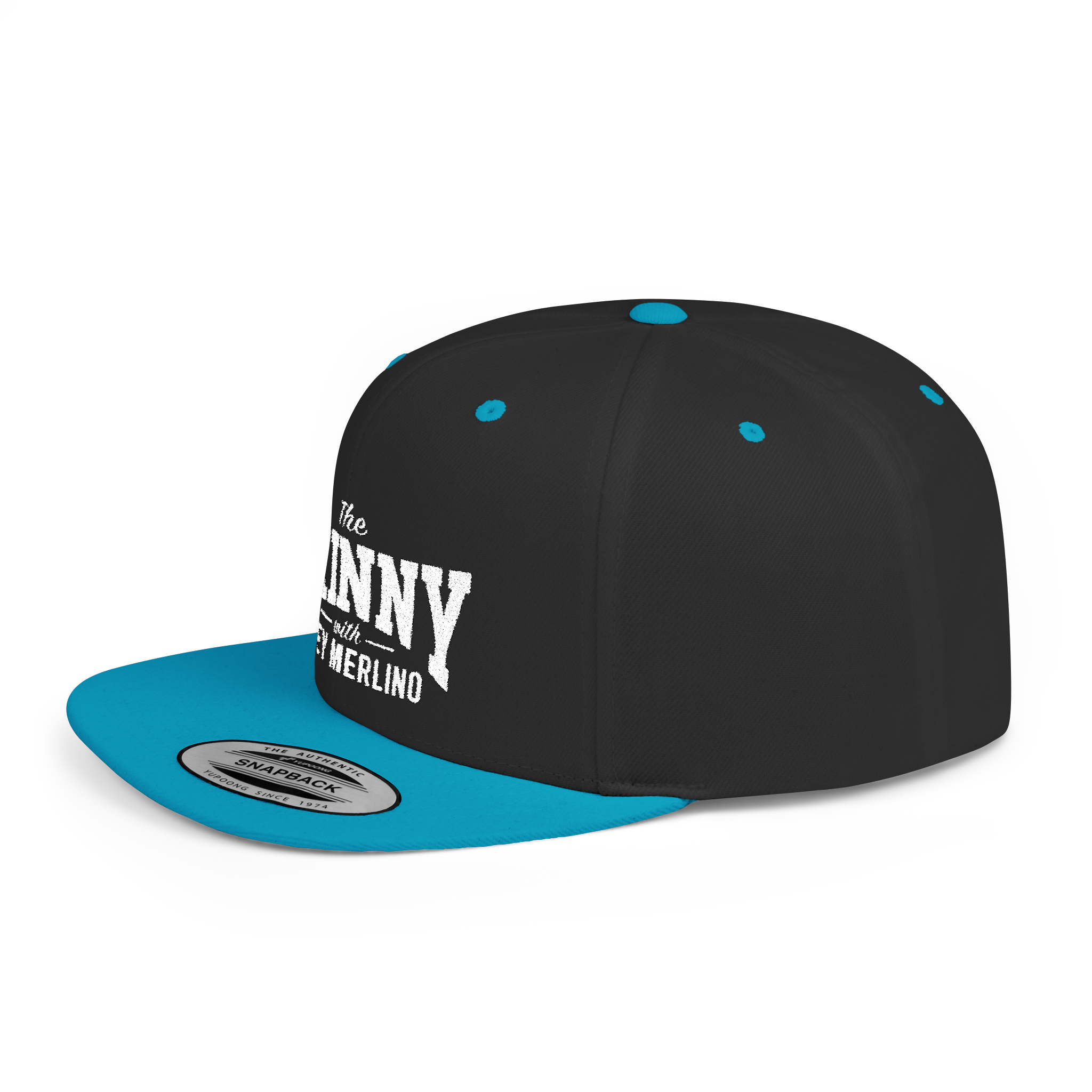Black and blue snapback cap with branding on a white background