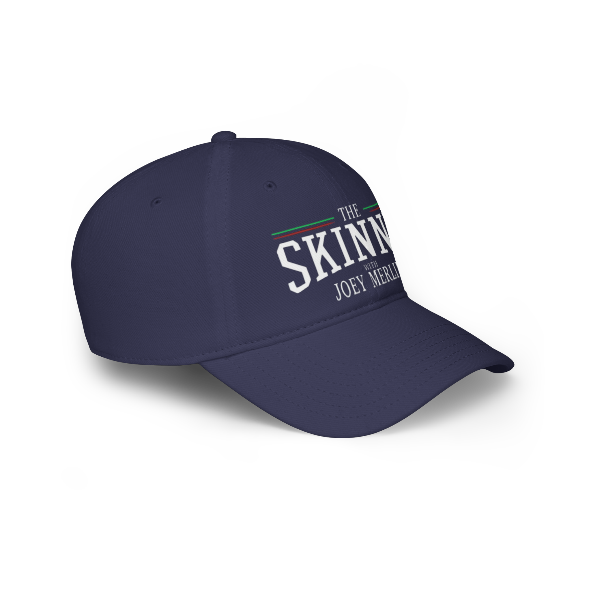 Navy blue cap with 'The Skinny' text on a white background