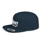 Navy blue cap with white text on a white background