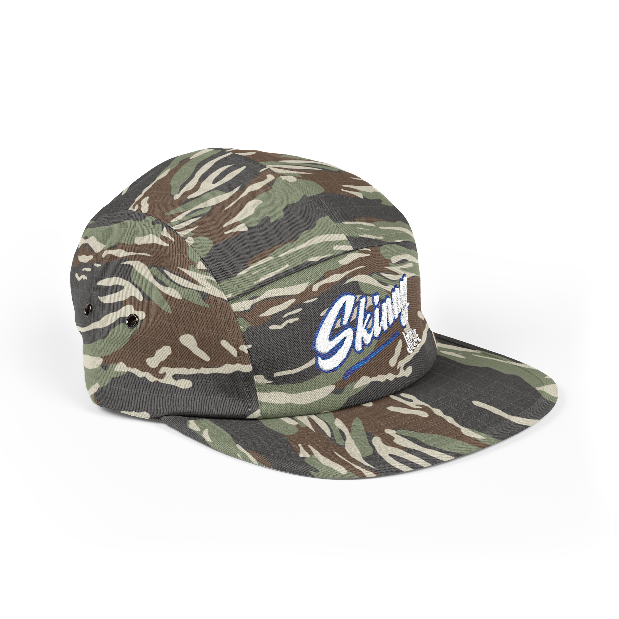 Camouflage cap with a brand logo on a white background