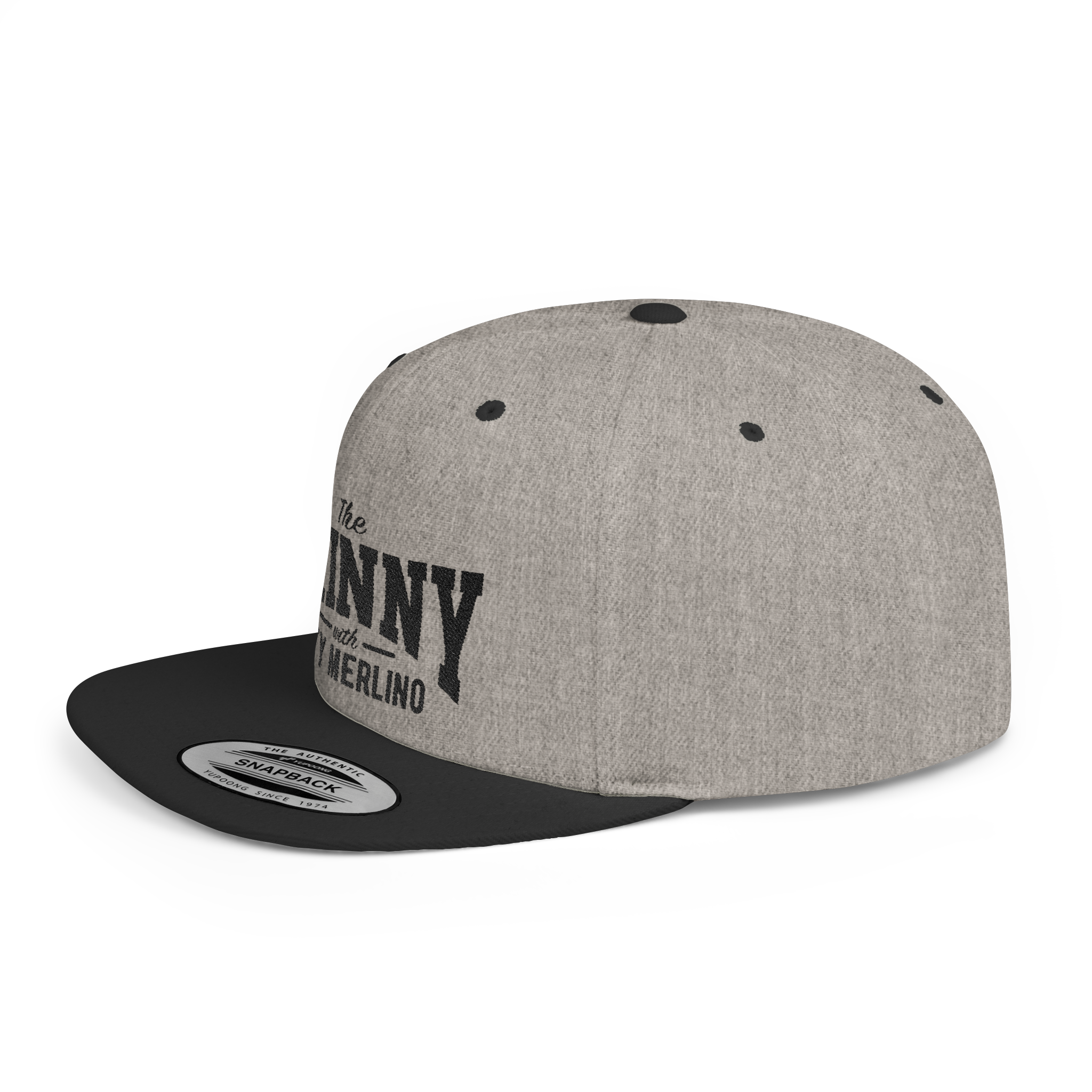 Gray and black cap with branding on a white background