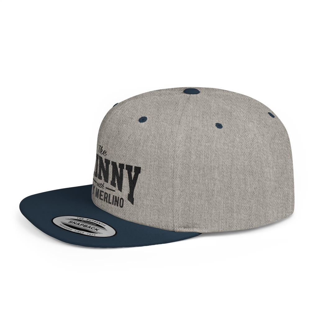 Gray and navy cap with text on a white background