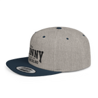 Gray and navy cap with text on a white background