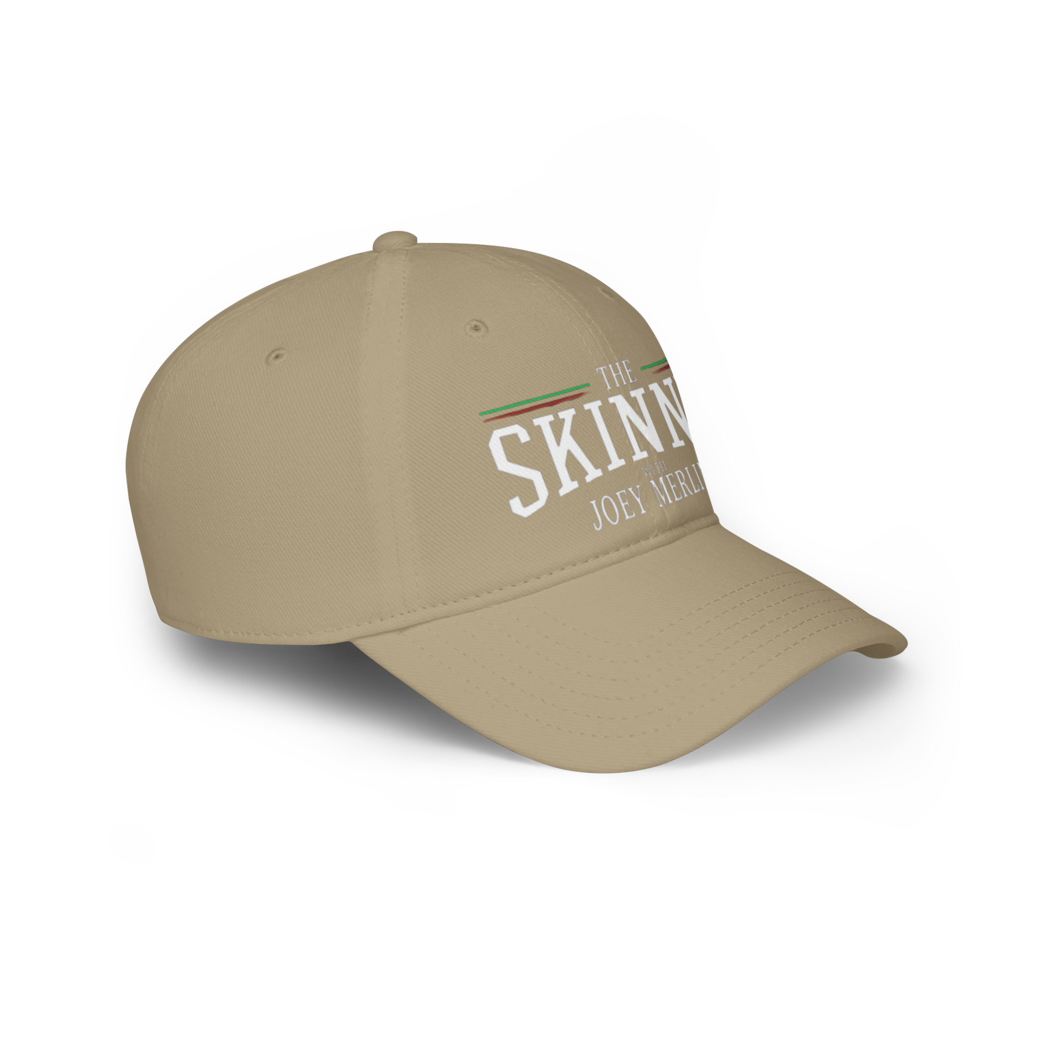 Beige cap with 'The Skinny' text on a white background
