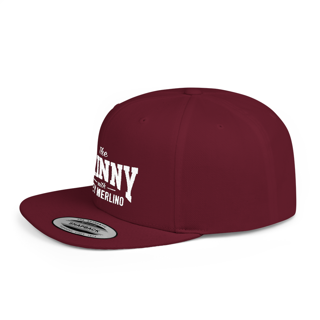 Maroon cap with white text on a white background