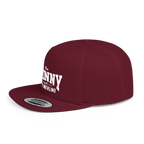 Maroon cap with white text on a white background
