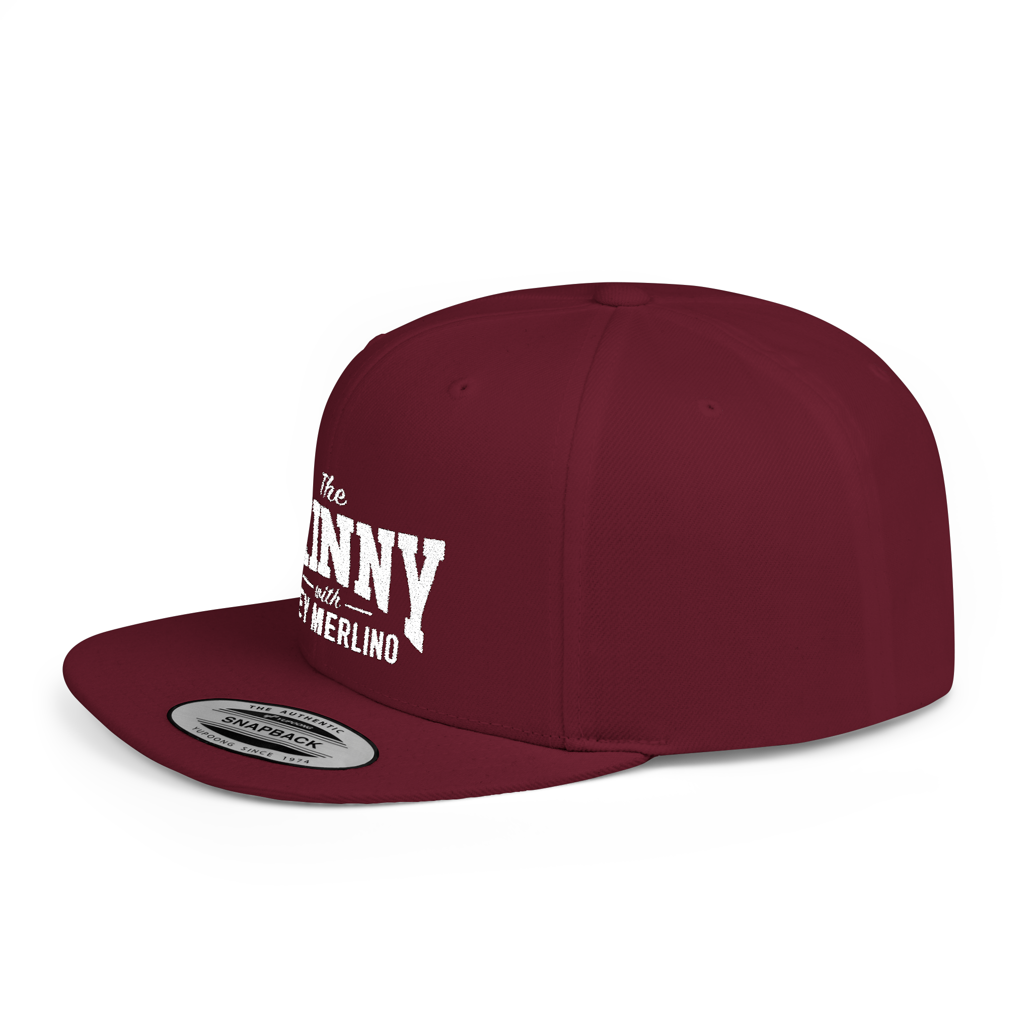 Maroon cap with white text on a white background