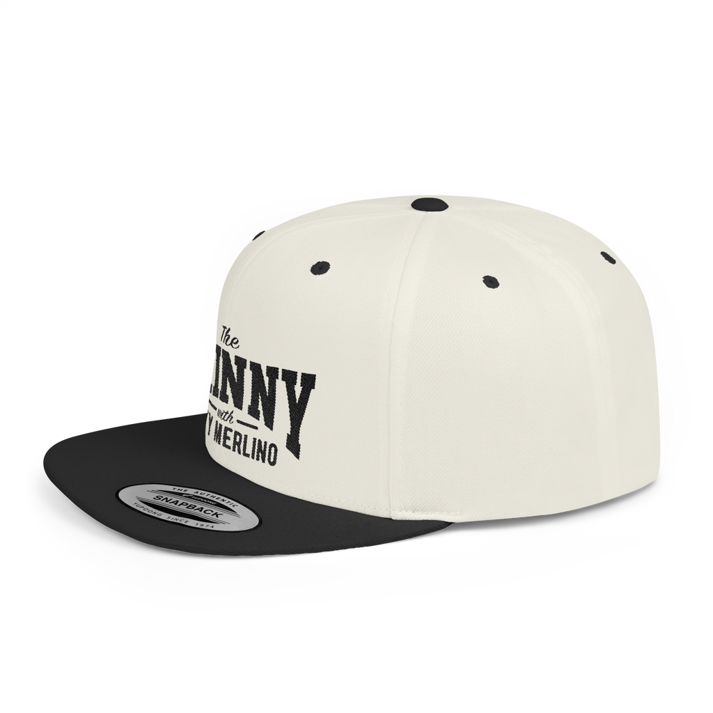 White and black cap with text on a white background