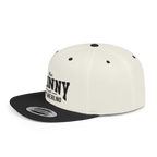 White and black cap with text on a white background