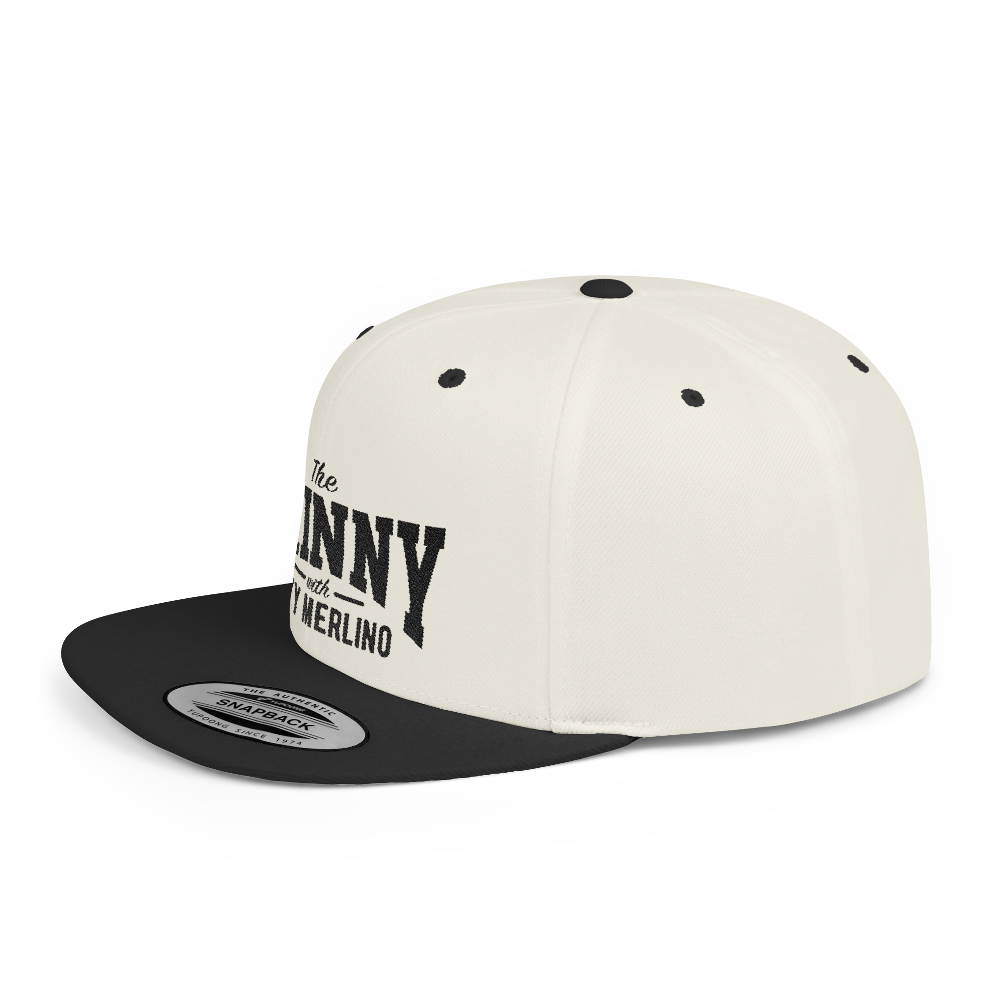 White and black cap with text on a white background