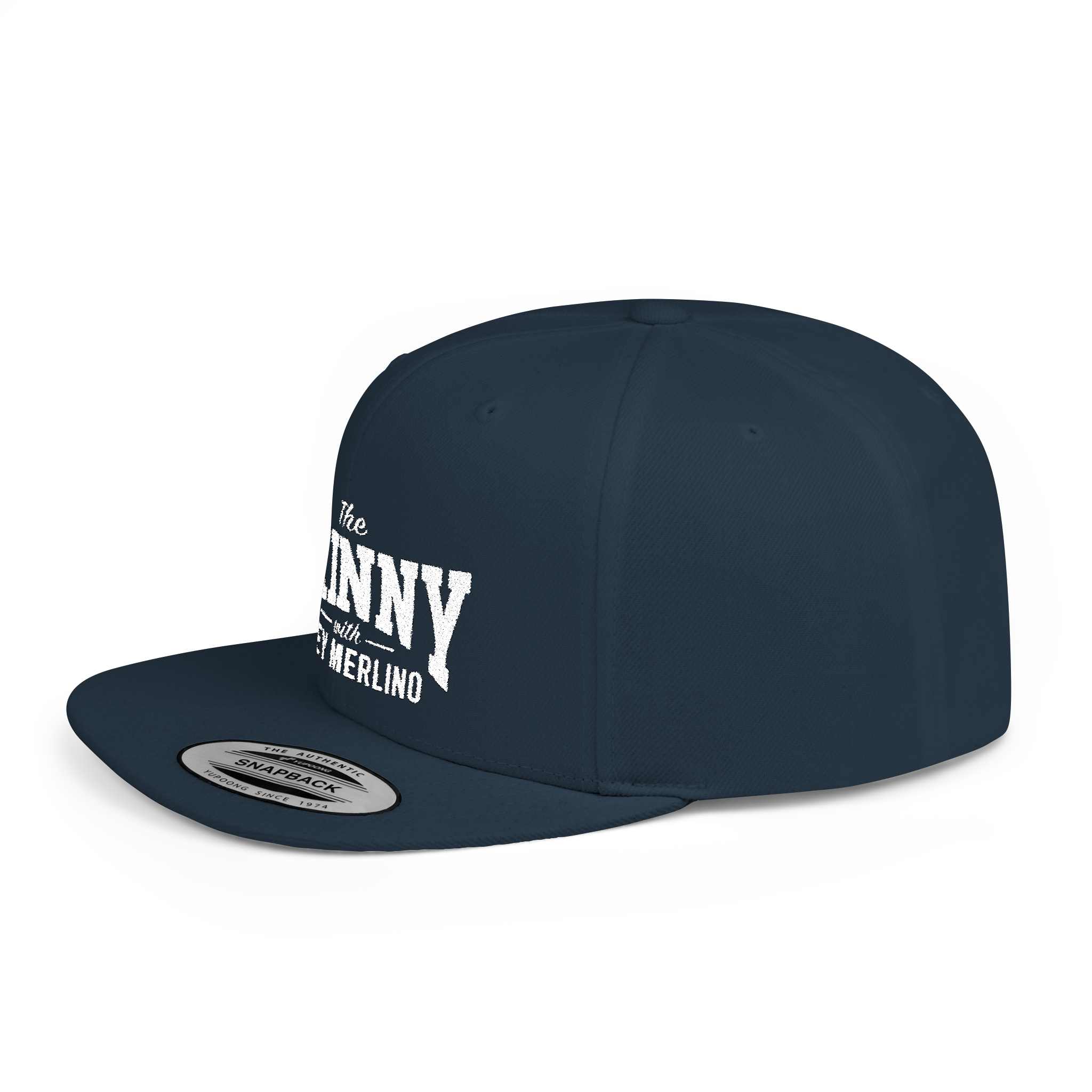 Navy blue cap with white text on a white background