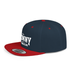 Navy and red cap with white text on a white background