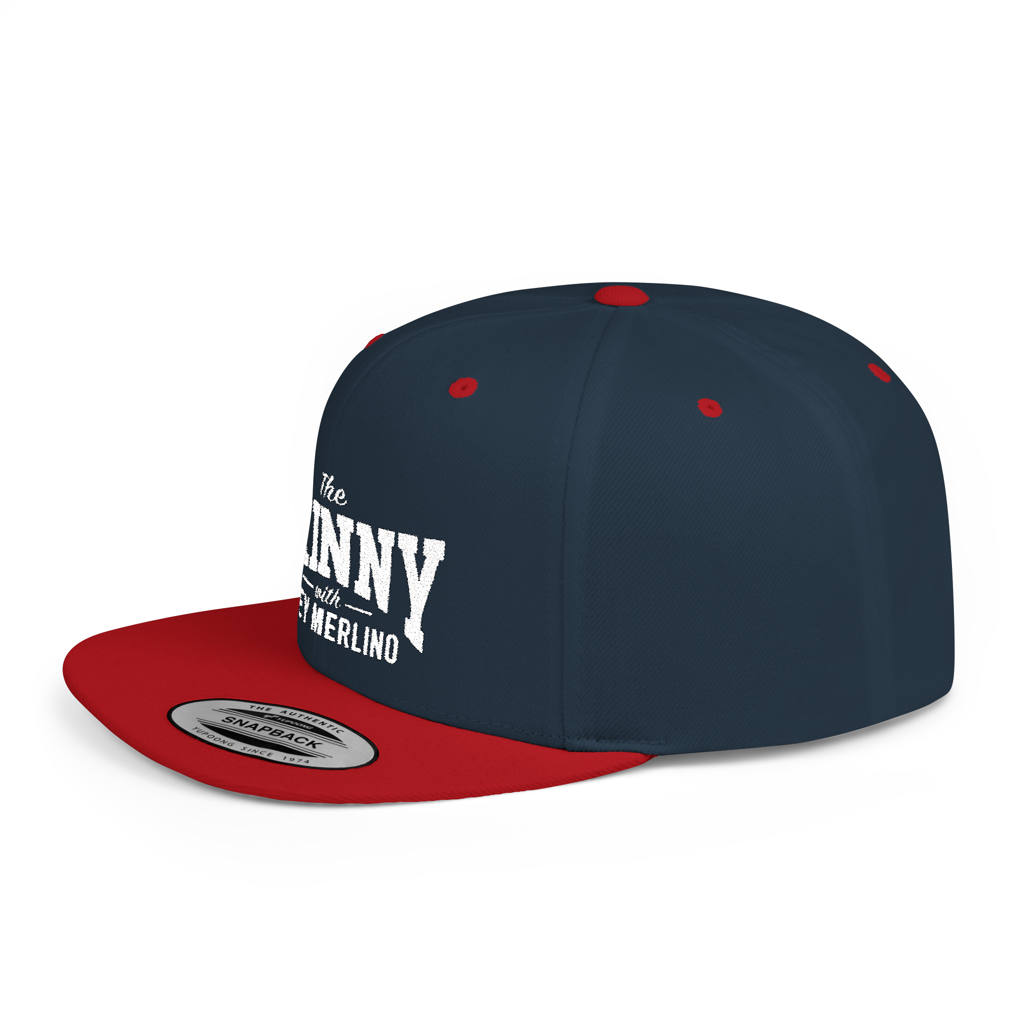 Navy and red cap with white text on a white background