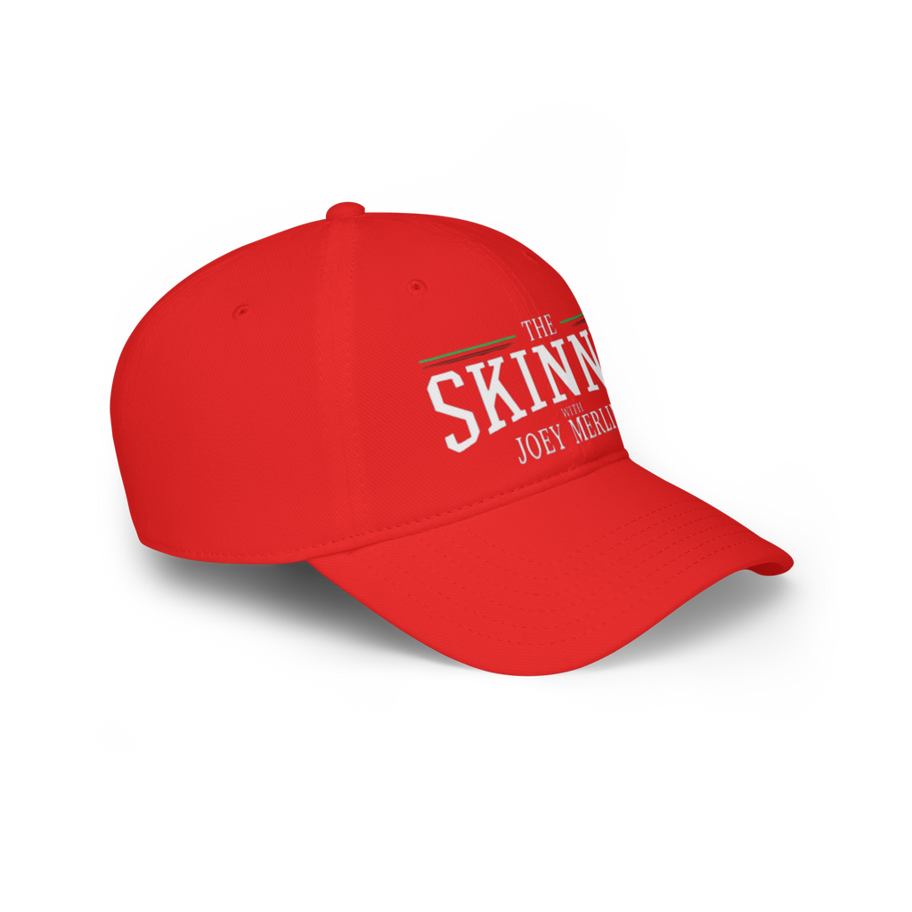 Red cap with white text on a white background
