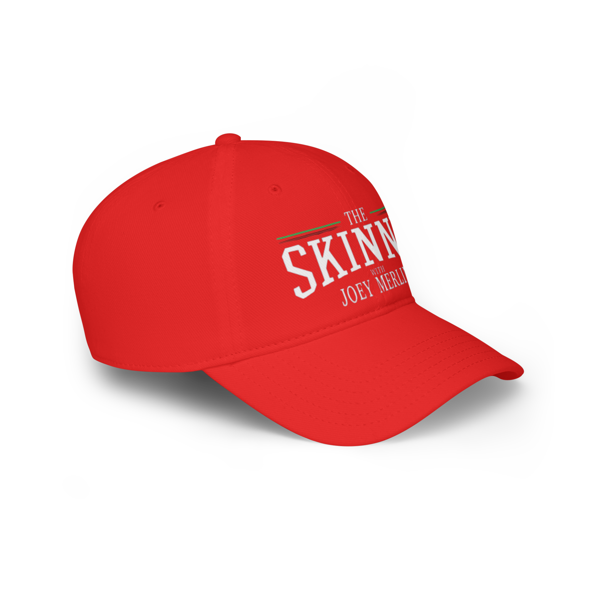 Red cap with white text on a white background