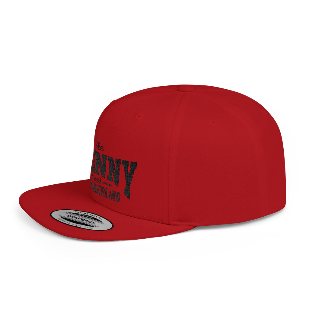 Red snapback cap with black text on a white background