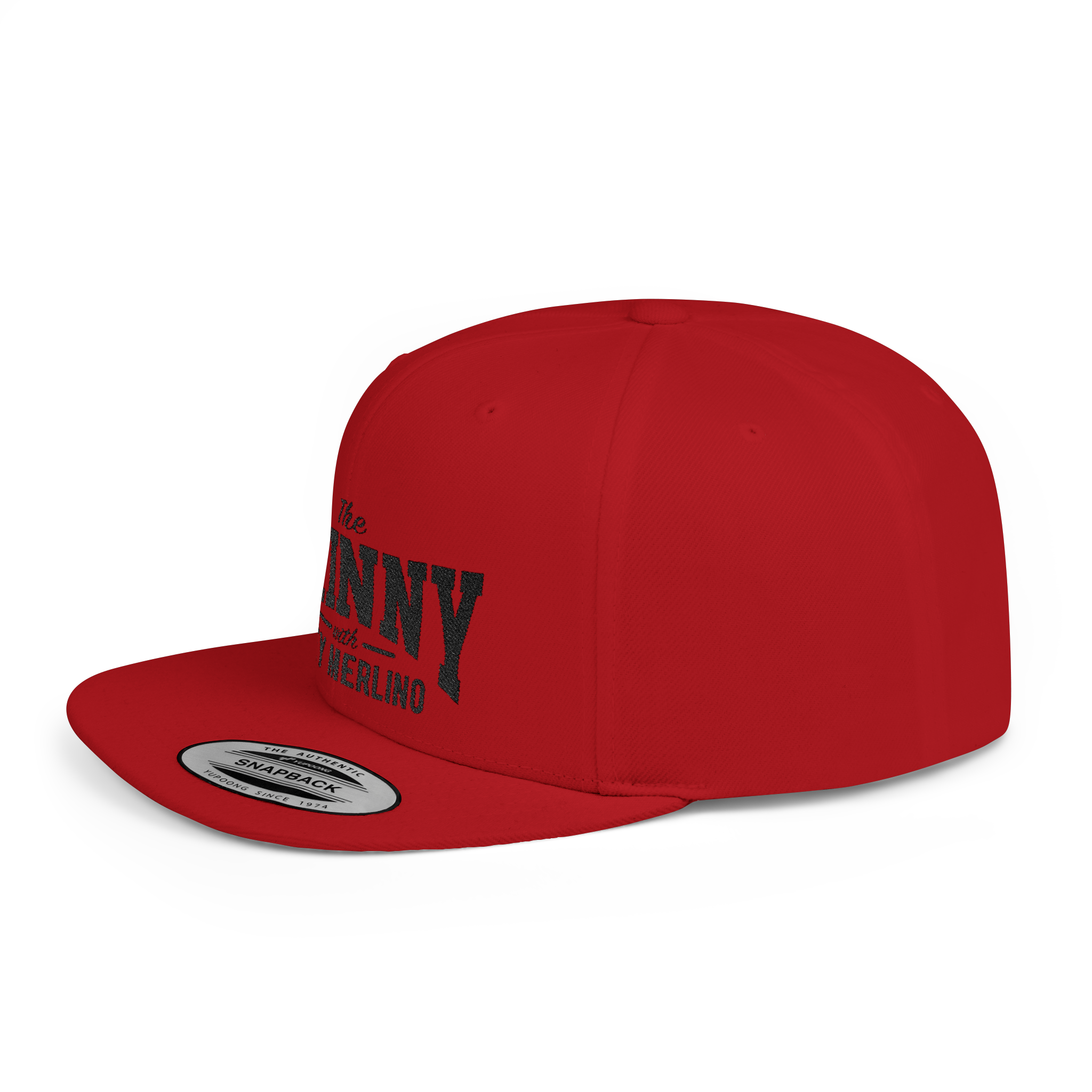 Red snapback cap with black text on a white background