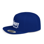 Blue cap with white text on a transparent background