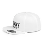 White cap with black text on a white background