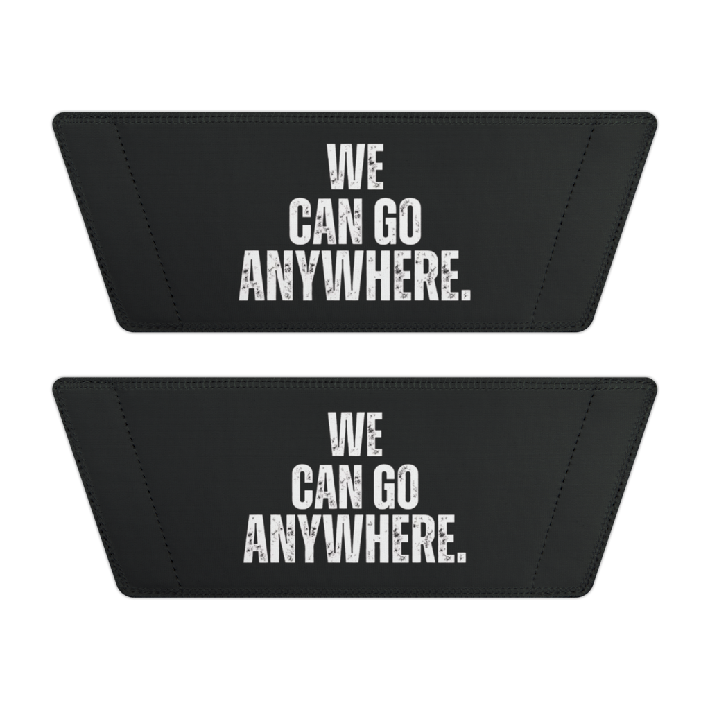 Two black rectangular patches with 'WE CAN GO ANYWHERE.' text on a white background