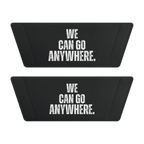 Two black rectangular patches with 'WE CAN GO ANYWHERE.' text on a white background
